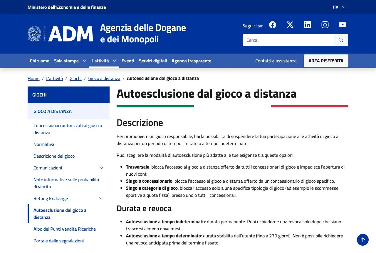 Pagina ufficiale ADM Autoesclusione dal gioco a distanza con le tre modalità e le regole su durata e revoca