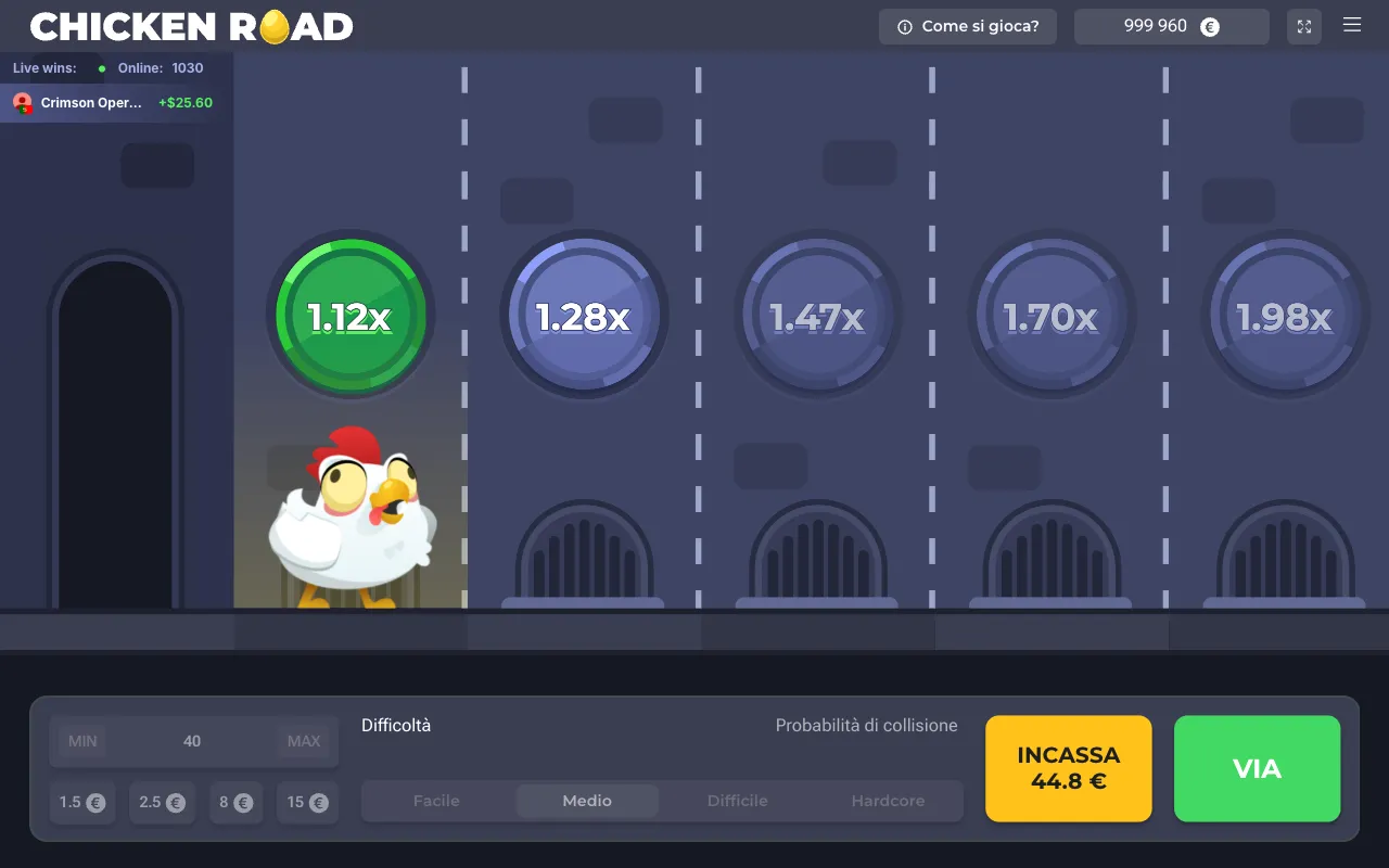 Demo di Chicken Road dopo il primo passo in Medium: moltiplicatore 1,12x acceso, pulsanti Incassa 44,8 euro e Via