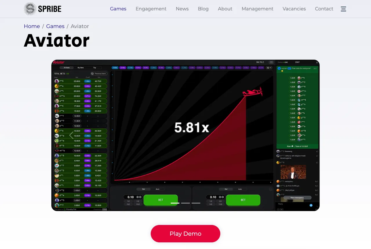 Pagina ufficiale di Aviator su spribe.co con la schermata del gioco, la curva, la chat e il pulsante Play Demo