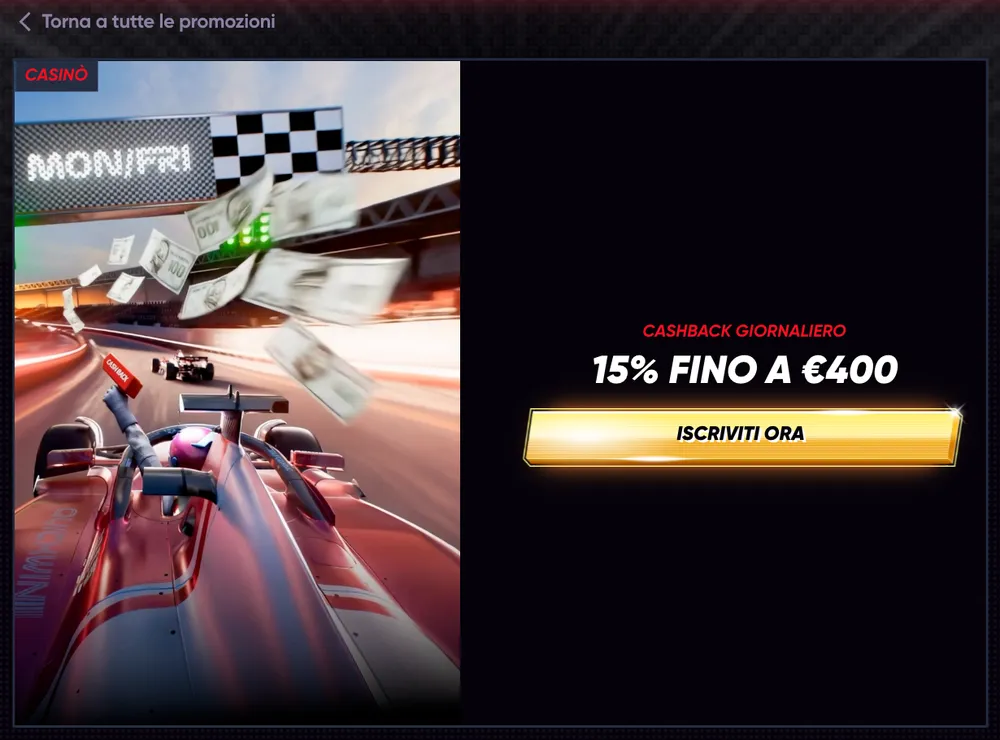 Pagina promozioni di QuickWin con il cashback giornaliero 15% fino a 400 euro e il pulsante iscriviti ora