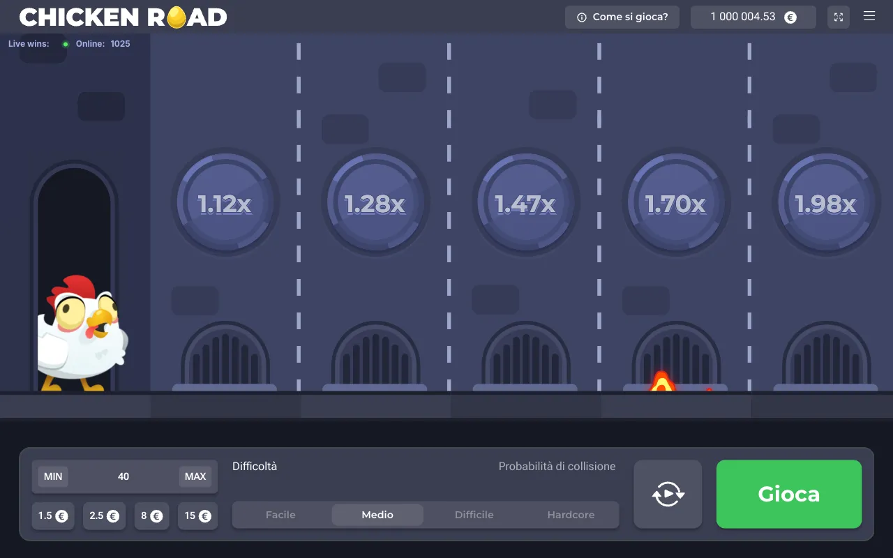 Demo ufficiale di Chicken Road in difficoltà Medium con i primi cinque moltiplicatori da 1,12x a 1,98x