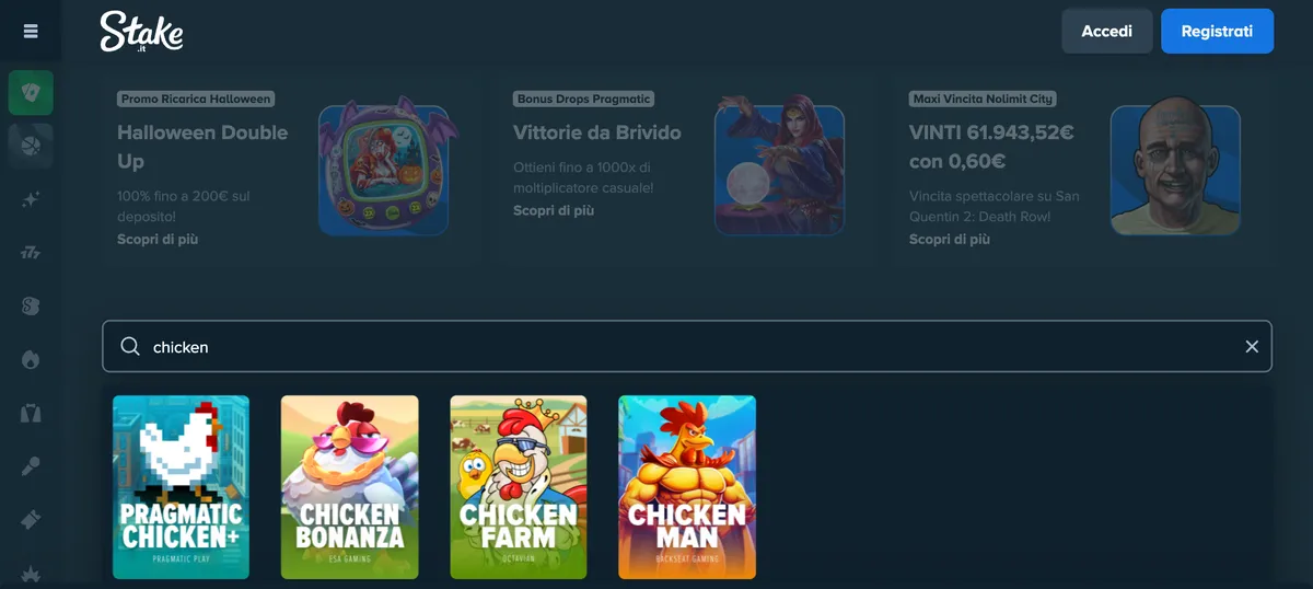 Ricerca chicken nel casinò di stake.it con i risultati Pragmatic Chicken+, Chicken Bonanza, Chicken Farm e Chicken Man