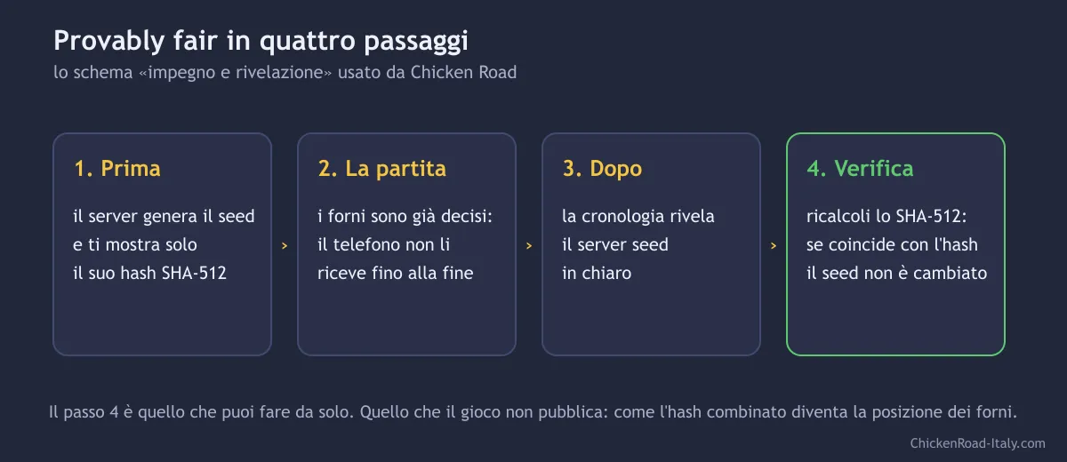 Schema in quattro passaggi del provably fair: hash prima della partita, partita, rivelazione del seed, verifica SHA-512