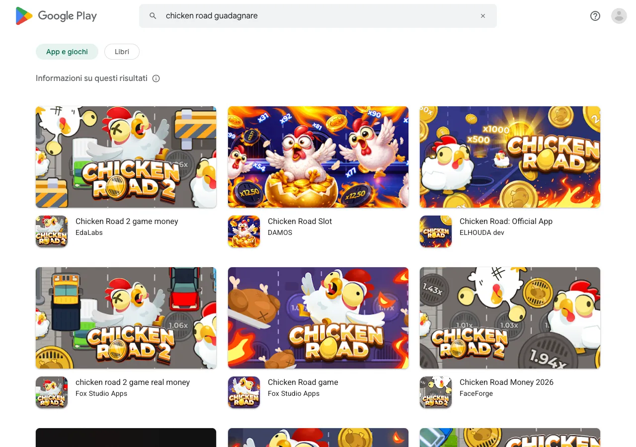 Risultati di Google Play per chicken road guadagnare con app chiamate Chicken Road 2 game money, Chicken Road Official App, chicken road 2 game real money e Chicken Road Money 2026