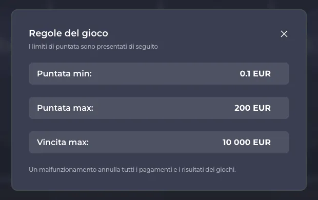 Finestra Regole del gioco della demo ufficiale di Chicken Road: puntata minima 0,1 euro, puntata massima 200 euro, vincita massima 10.000 euro