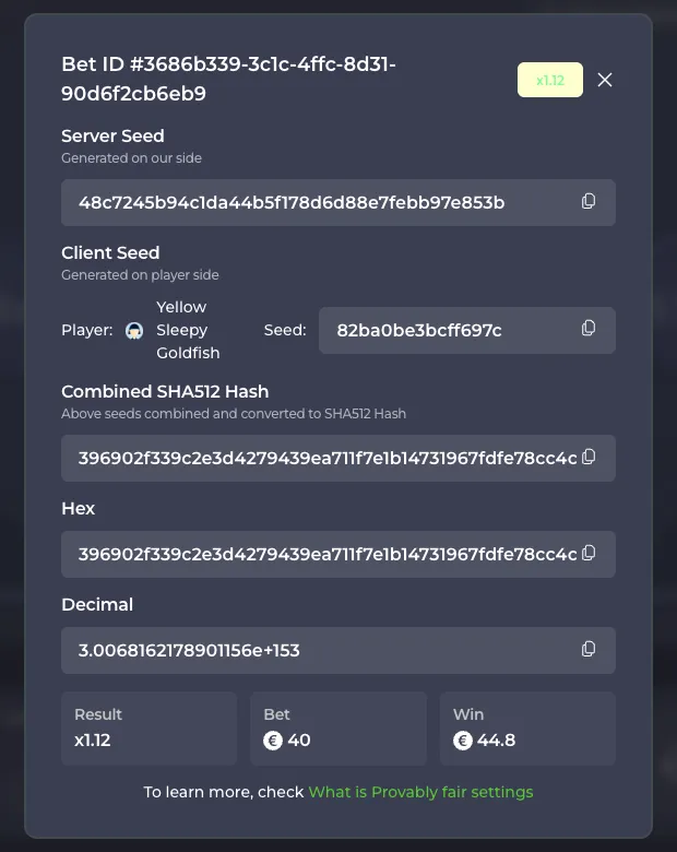 Finestra di verifica di un round di Chicken Road con server seed, client seed e hash SHA-512