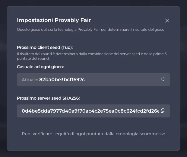 Finestra Impostazioni Provably Fair della demo di Chicken Road con client seed 82ba0be3bcff697c e prossimo server seed in forma di hash