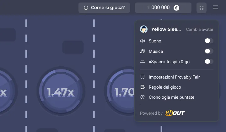 Menu della demo di Chicken Road aperto con le voci Impostazioni Provably Fair, Regole del gioco e Cronologia mie puntate