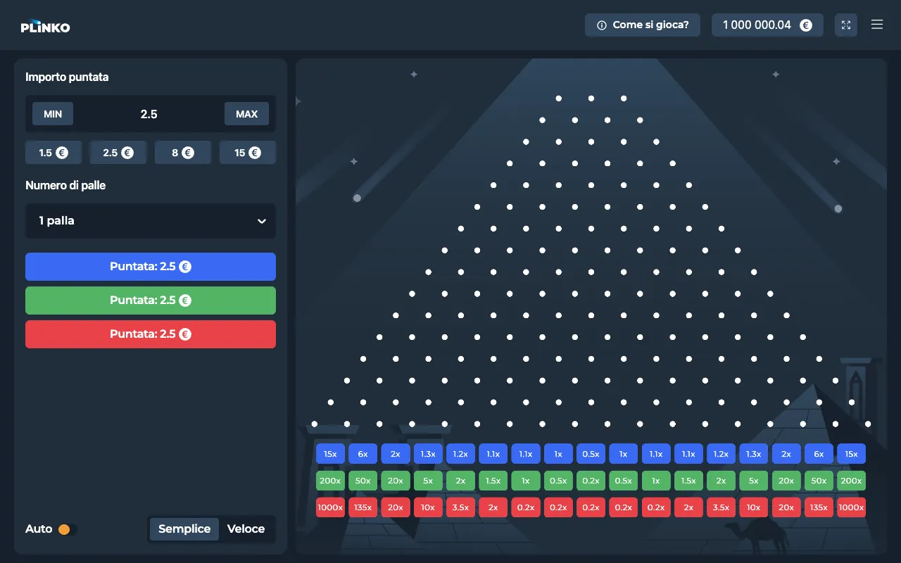 Demo ufficiale del Plinko di InOut Games con la piramide di chiodi e le tre file di moltiplicatori: blu da 15x a 0,5x, verde da 200x a 0,2x, rossa da 1000x a 0,2x