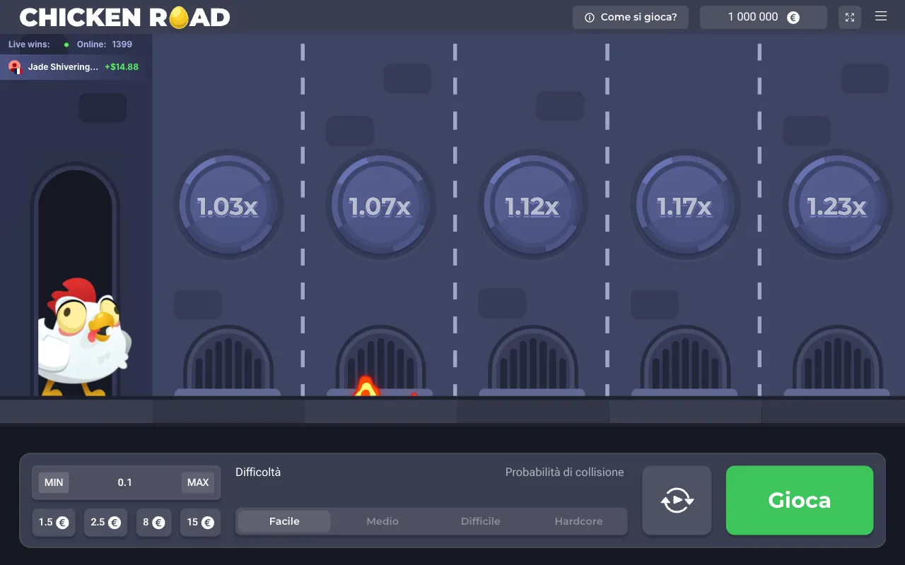 Demo ufficiale di Chicken Road in Easy con la puntata minima di 0,10 euro e i primi moltiplicatori da 1,03x a 1,23x