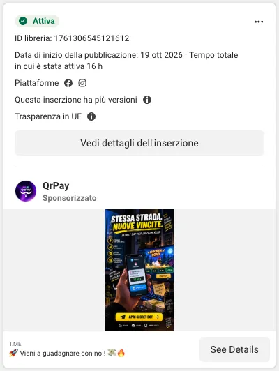 Annuncio attivo dal 19 ottobre 2026 su Facebook e Instagram con l'immagine Stessa strada nuove vincite secret bot per Chicken Road e il link a Telegram