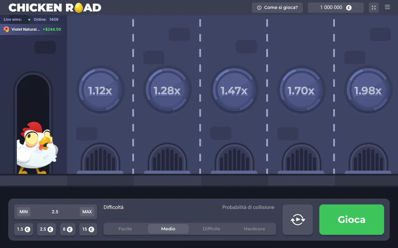 Demo ufficiale di Chicken Road con il saldo virtuale di 1.000.000 in alto a destra e il riquadro Live wins in alto a sinistra
