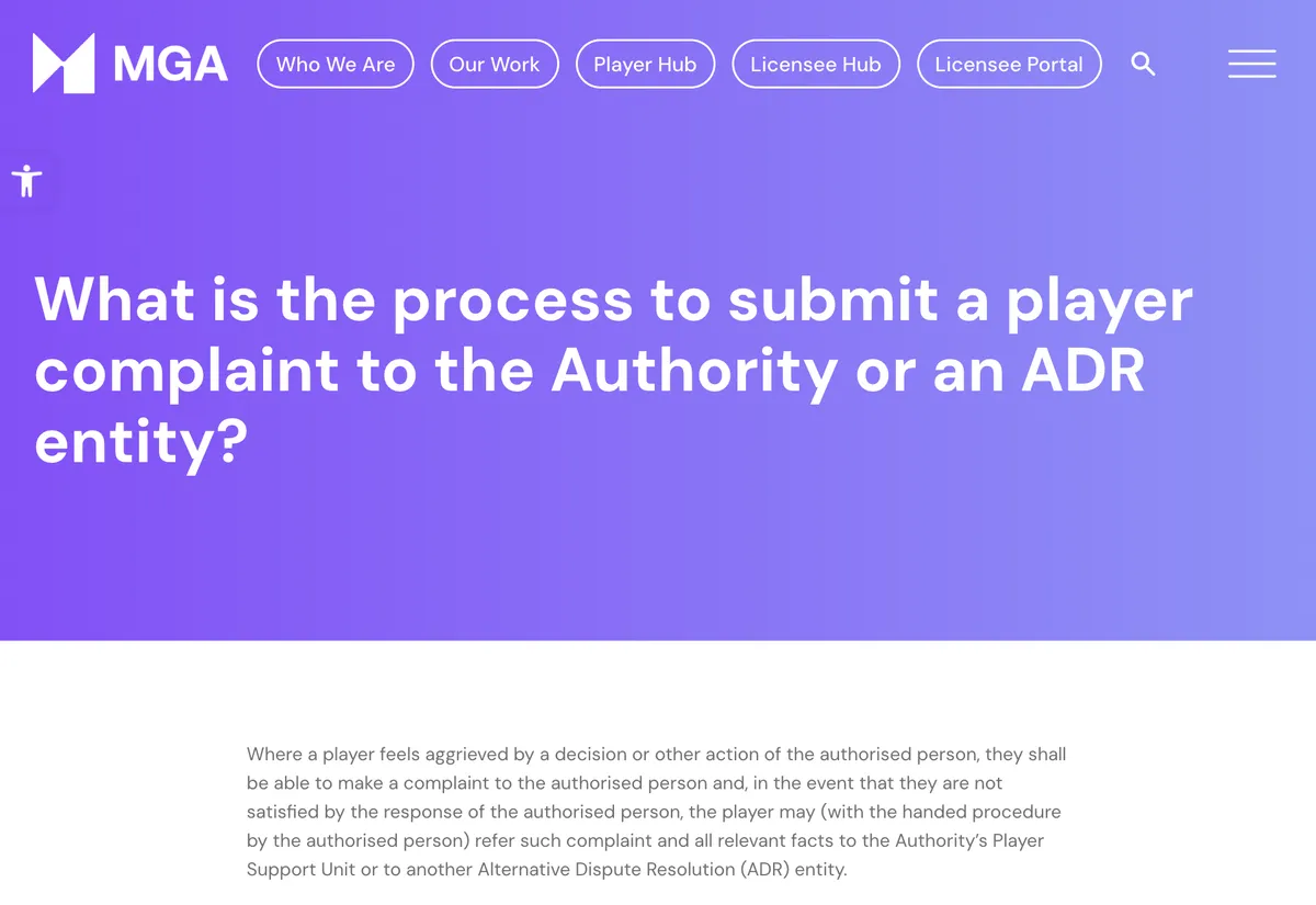 Pagina delle domande frequenti della Malta Gaming Authority sulla procedura per presentare un reclamo all'autorità o a un organismo ADR