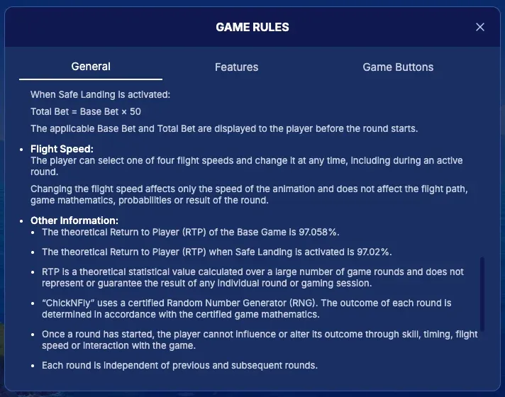 Regole di Chick’N’Fly dentro il gioco: con Safe Landing la puntata totale è la puntata base per 50, RTP 97,058% e 97,02%