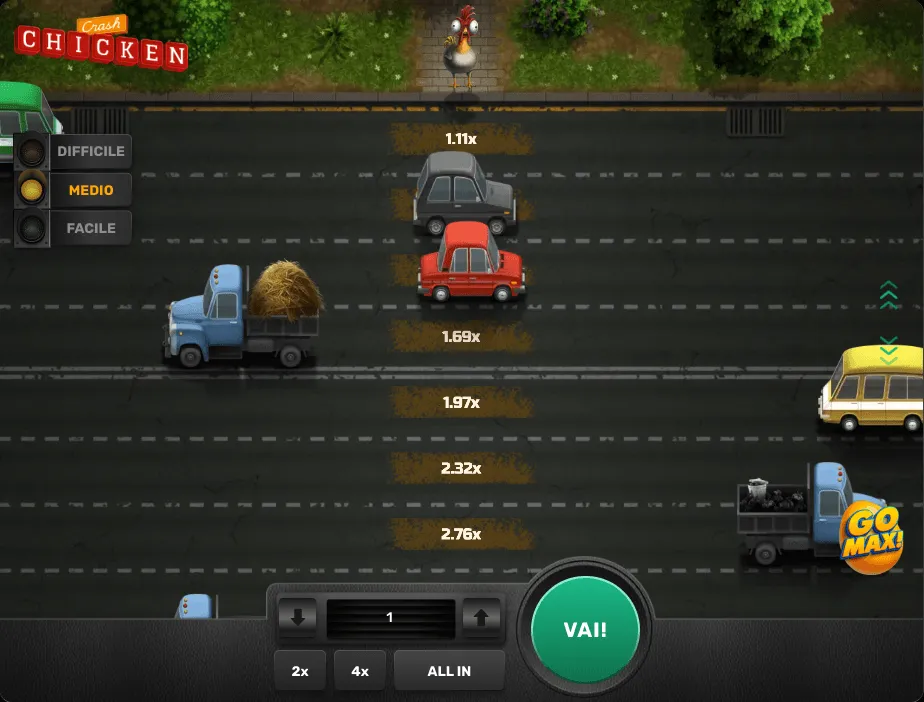 Chicken Crash di Galaxsys nella demo, livello Medio: il pollo in cima alla strada e le linee 1,11x, 1,69x, 1,97x, 2,32x e 2,76x
