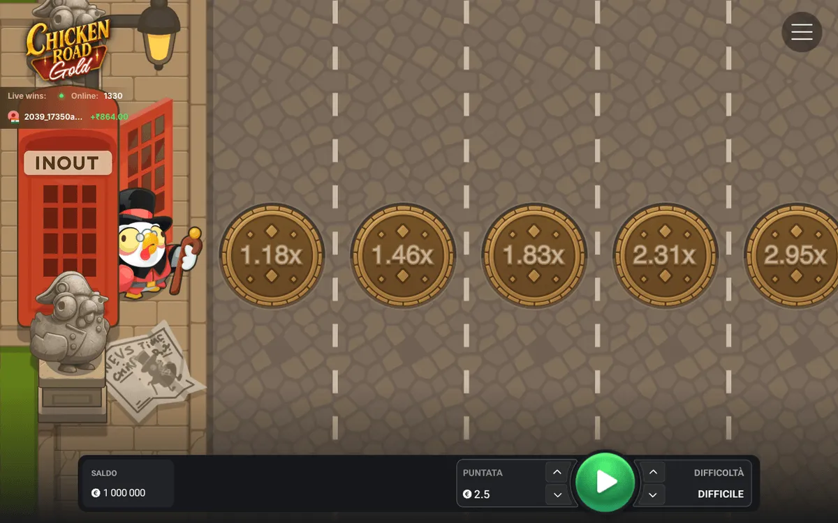 Chicken Road Gold nella demo ufficiale in italiano, livello Difficile: la gallina con cilindro e bastone accanto alla cabina rossa, moltiplicatori 1,18x, 1,46x, 1,83x, 2,31x e 2,95x