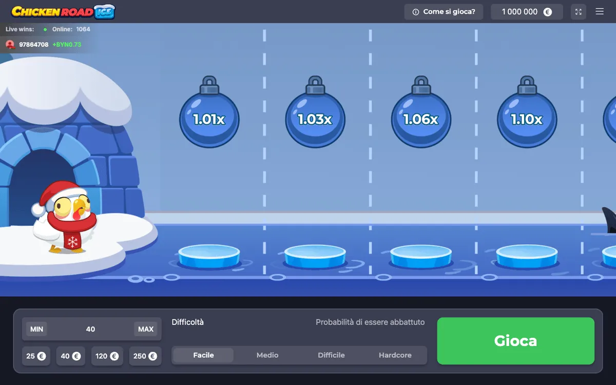 Chicken Road Ice nella demo ufficiale in italiano: la gallina con cappello da Babbo Natale davanti all’igloo, lastre di ghiaccio con 1,01x, 1,03x, 1,06x e 1,10x e la scritta «Probabilità di essere abbattuto»