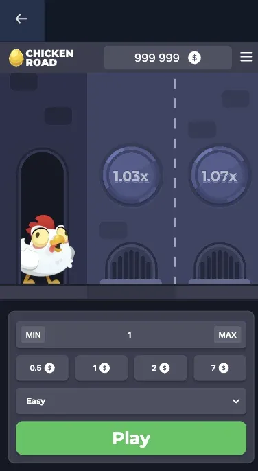 Chicken Road sullo schermo verticale di un telefono: saldo in alto, due dischi visibili, difficoltà in un menu a tendina e il tasto Play in basso
